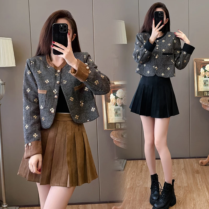 Sequined Round Neck Small Fragrant Jacket + Pleated Skirt Two-Piece Set  Women