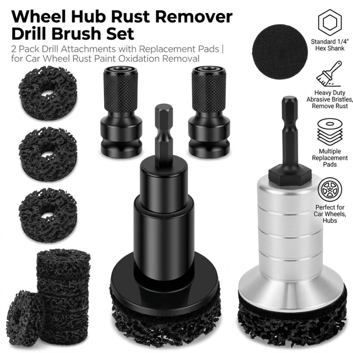 2Pcs Wheel Hub Rust Removal Tool 1/2 Inch Wrench Drill Adapter Abrasive Sanding Disc Pad For Car Auto Brake Rotor Cleaning Kit