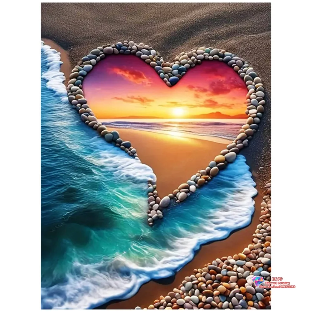 Heart-Shaped Pebbles Beach Sunset 5D DIY Diamond Painting Set with Square and Round Diamonds Handmade Crafts Gifts.