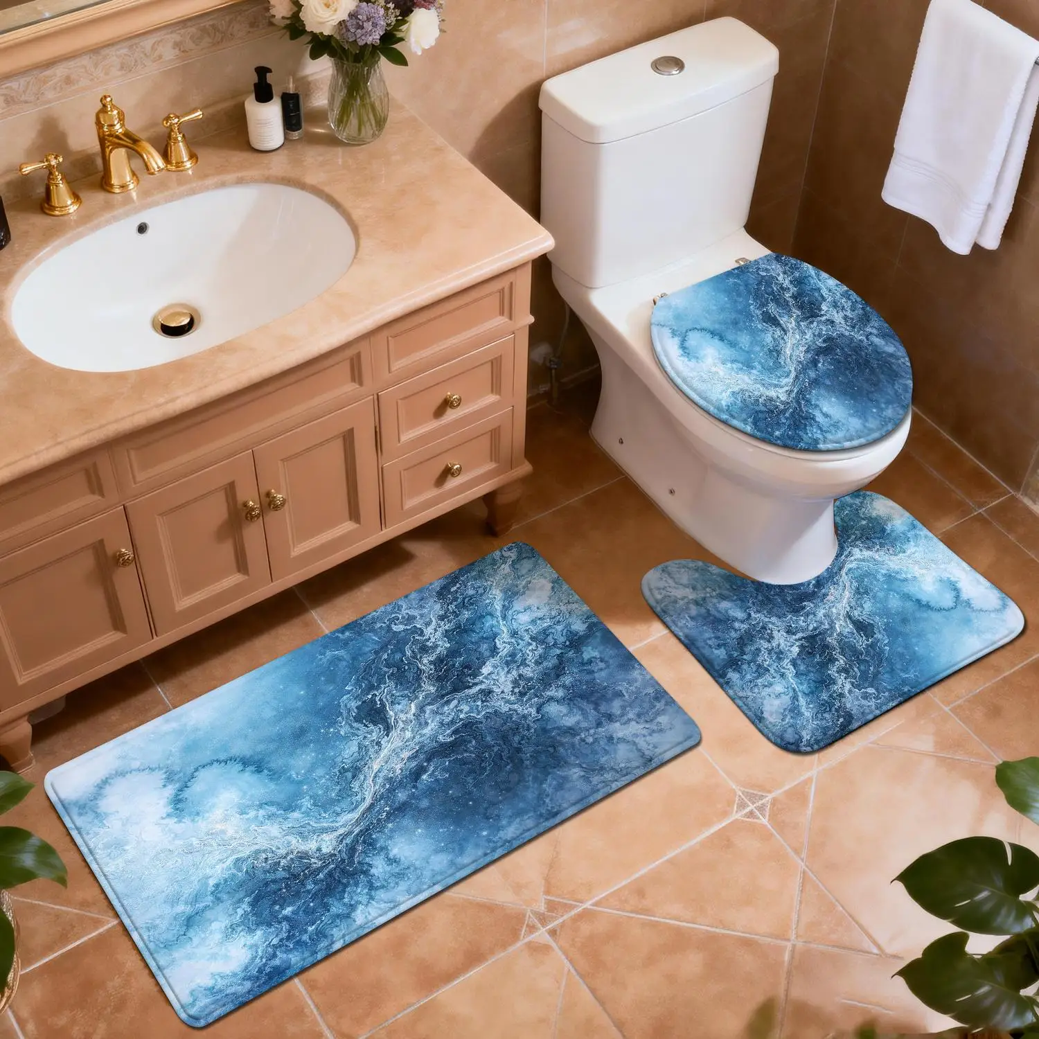 

Blue Ocean Wave Abstract Bathroom Rugs Set 3pcs Non Slip Soft Floor Mats for Toilet Sink Bath Home Decor