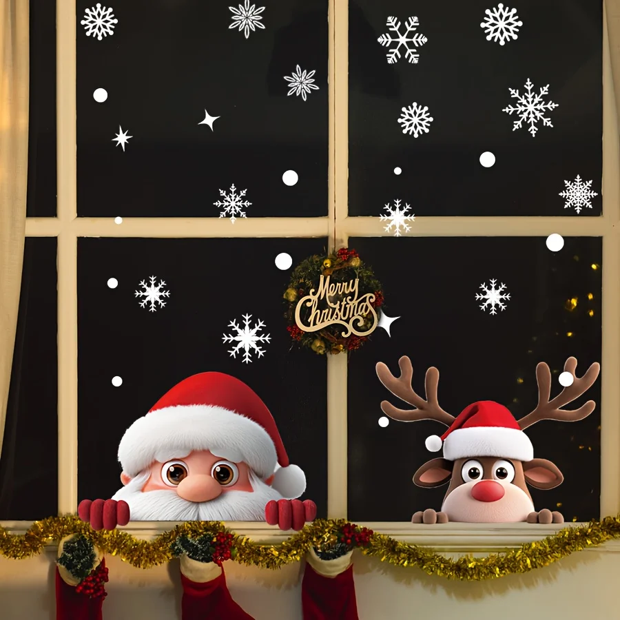 2 Blatt statische Aufkleber für Weihnachtsmann, Rentier, Fenster, wasserdicht, für Zimmer, Wand, Glas, Fenster, Tür, DIY, Weihnachten, Vinyl-Aufkleber