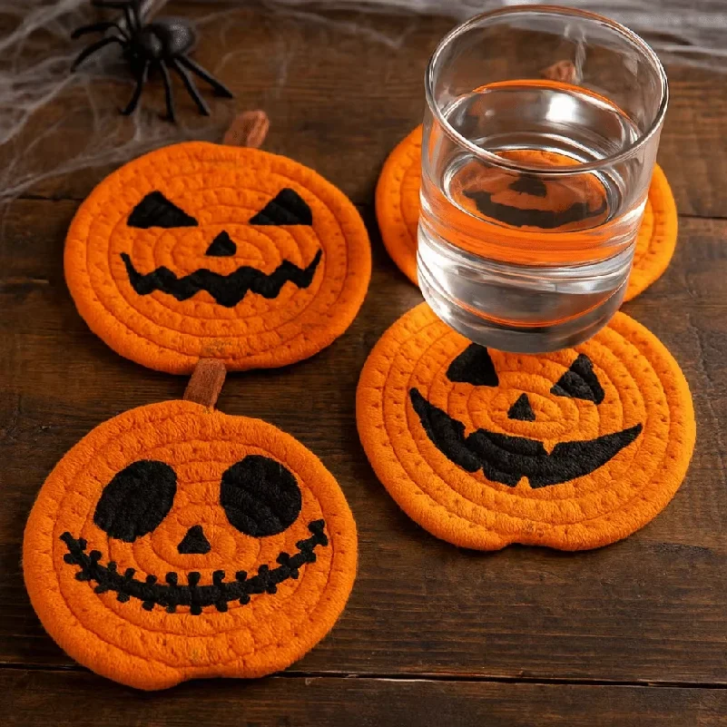 Creative Pumpkin Shaped Coasters Handwoven Absorbent Non-Slip Cup Mat Anti-fouling Novelty Halloween Drink Pads