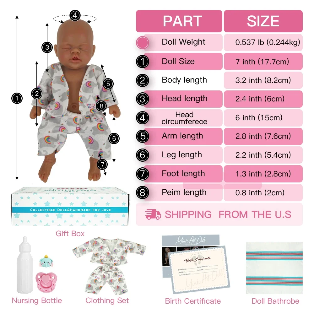 7 Inch Full Body Soft Silicone Black African American Baby Owen Lifelike Mini Reborn Doll Surprise Children Anti-Stress