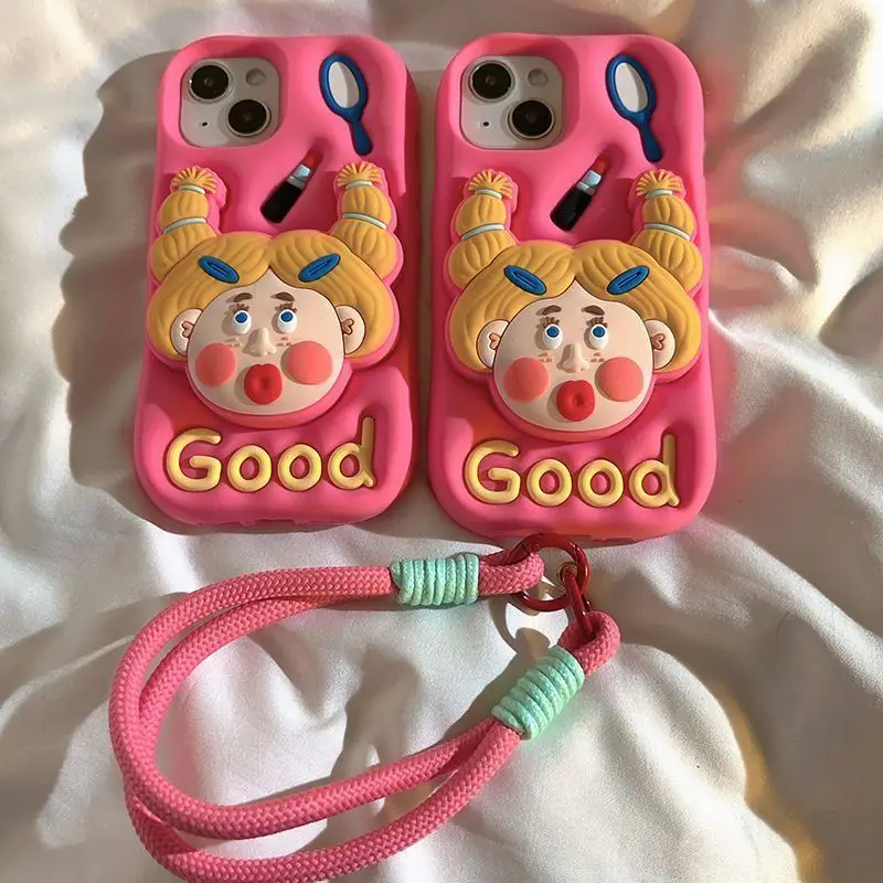 

Phone Case For iPhone 16 15 14 13 12 Pro Max New INS Cartoon 3D Braids Girl Shape Soft Protective Cover With Holder Lanyard