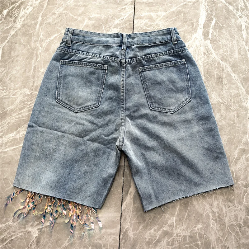 Pantaloncini di jeans Donna Industria pesante Mappa di bellezza Nappa Paillettes Perline Foro rotto Pantaloncini di jeans a cinque punti Pantaloni dritti estivi Y2K