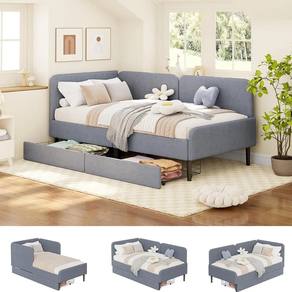 Space-Saving Twin XL Storage Bed with Daybed, Multi-Function Upholstered Bed, Light Grey