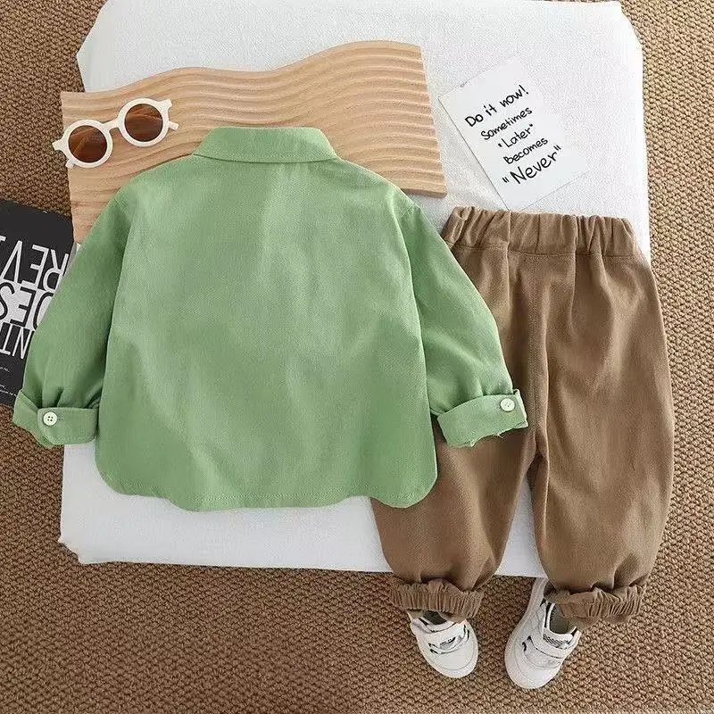 

Children's Spring Cartoon Shirt Set 2026 New Style Western Kids Boys Bear Clothes Baby Long Sleeve Two piece Set 80-120CM