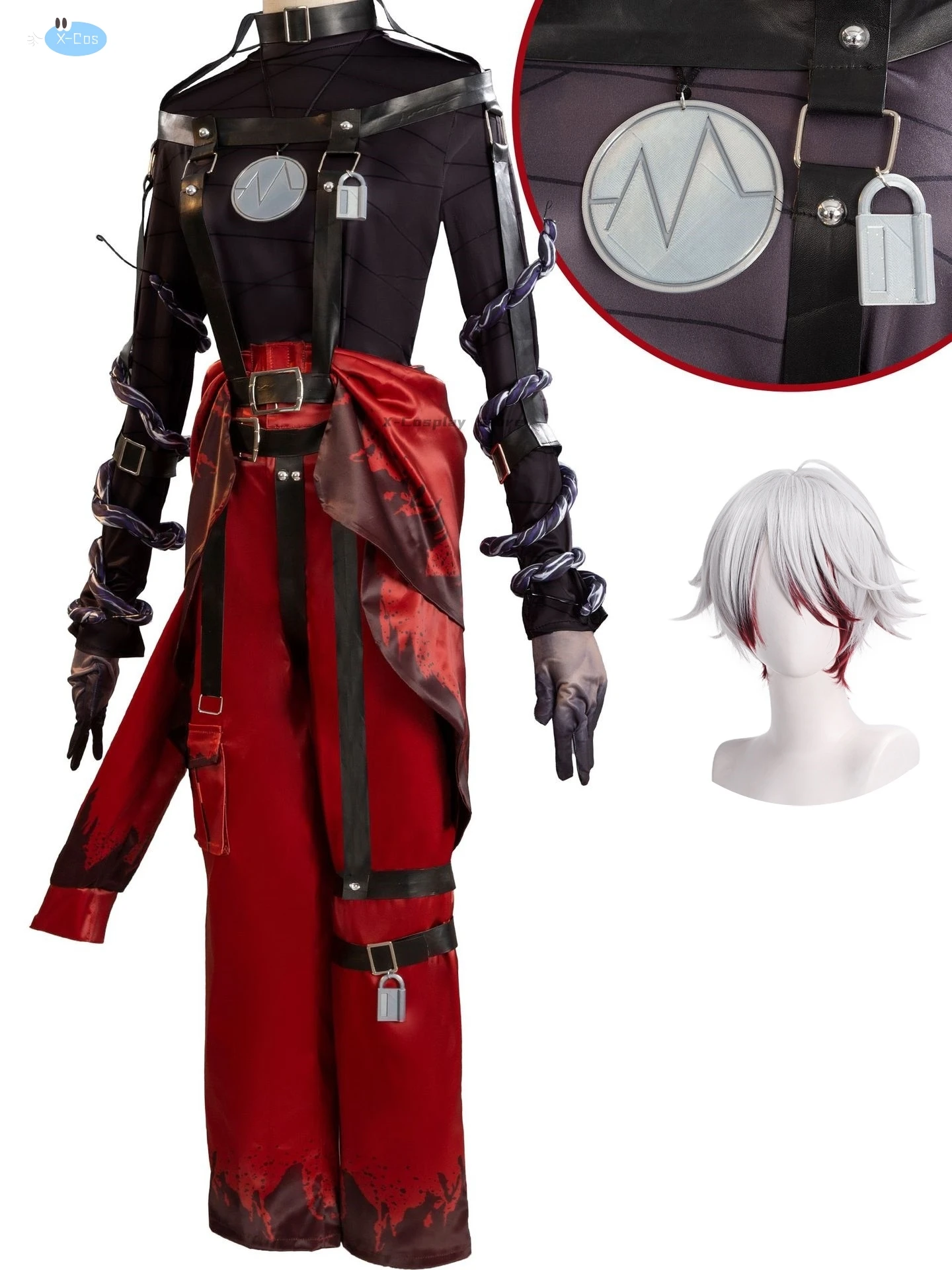 Identity V Emil Patient Rare Case Cosplay Costume Wig Mask Glasses Top Leather Belts Pants Lock White Red Hair Game Accessories
