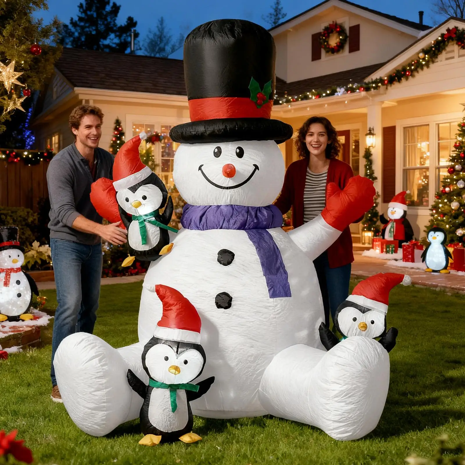 Christmas Snowman Inflatable Inflatable Festival RGB LED Lights Decor With 3 Penguins Waterproof Blow Up Seated Snowman For - view 4
