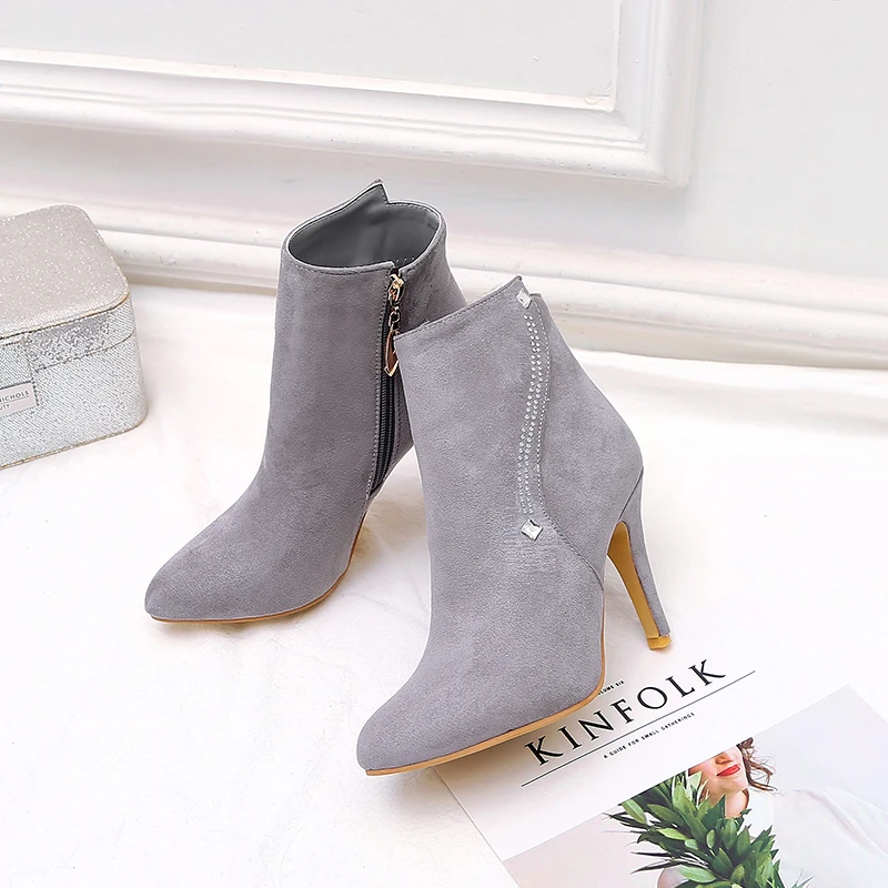 2023 new autumn winter Women ankle boots plus size 22-29CM flock upper side zip modern boots high heel rhinestone short boots