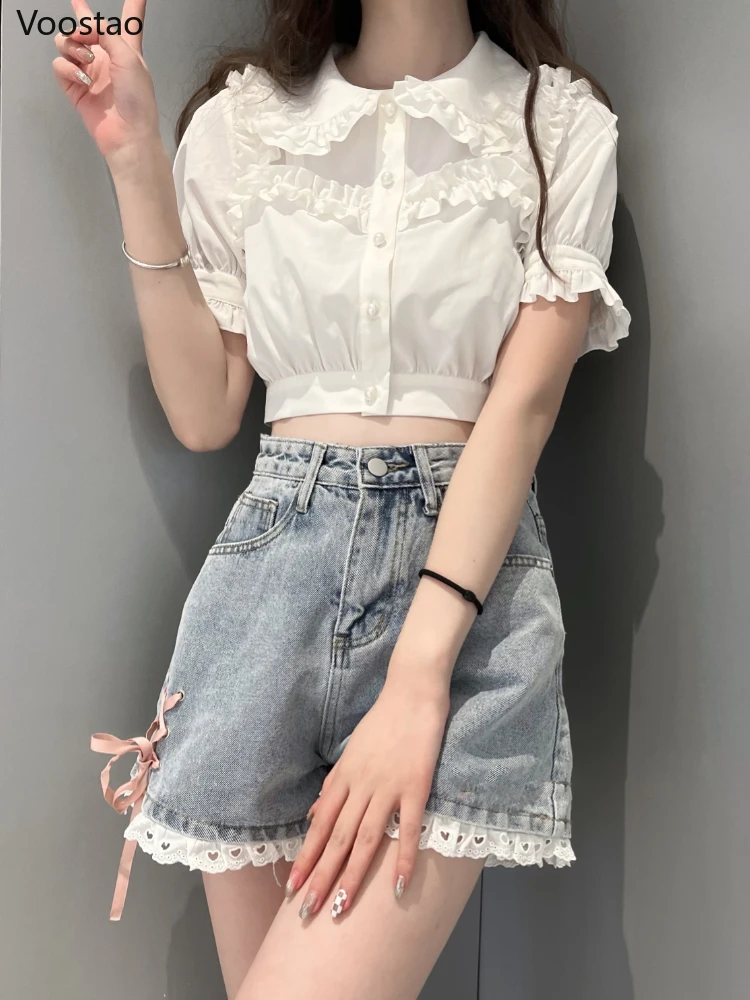 Sweet Denim Shorts Summer Women Casual Lace Bow Bandage Short Pants Streetwear Chic Shorts Girly High Waist Loose Wide Leg Pants