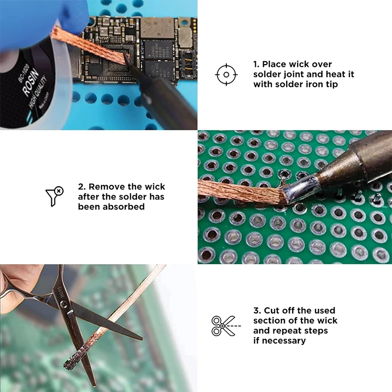 Imagem -03 - Desoldering Mesh Braid Tape Removedor de Solda Wick Wire Lead Cord Flux 1pc 1.5m 3m 13 mm