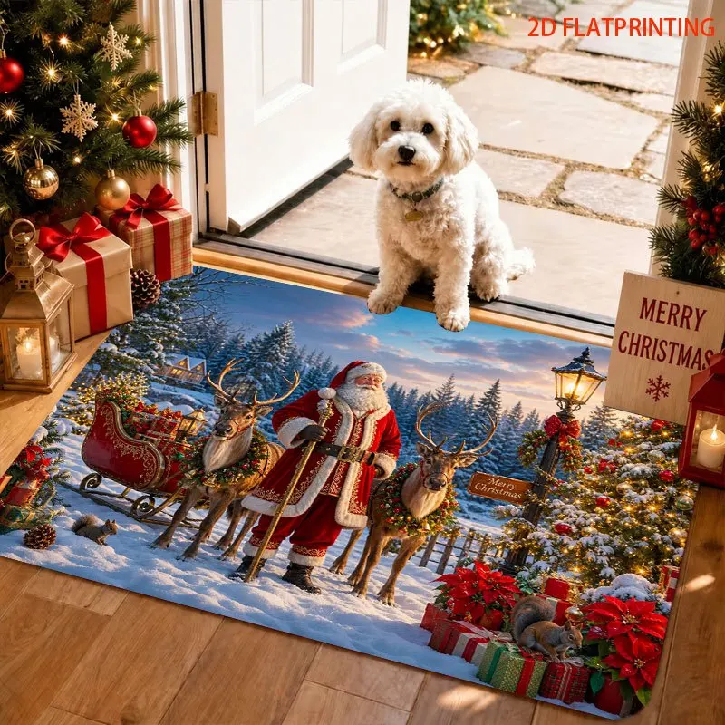 Santa Claus Reindeer Sleigh Snowy Forest Winter Scene Print Durable Washable Carpet For Classic Christmas Home Indoor Entryway