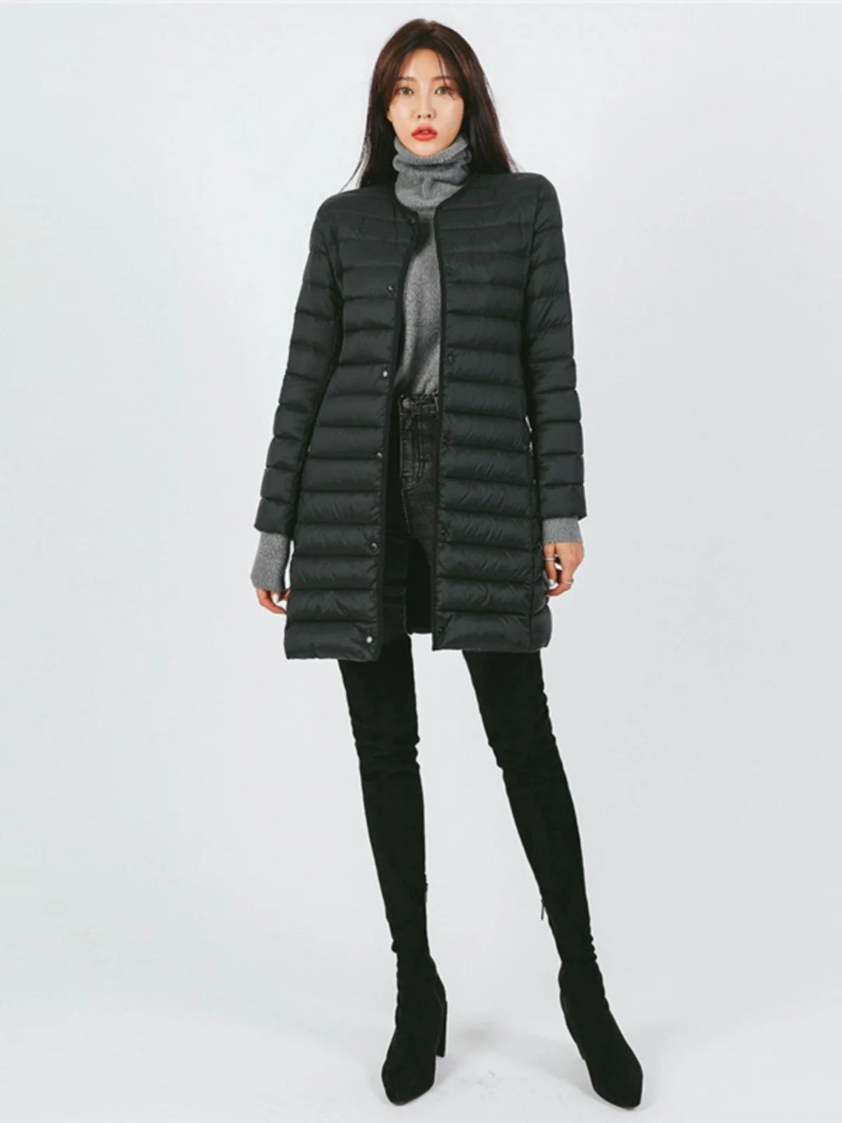 Ultra-léger mince 2024 nouveau femmes mi-long rond Ne Puffer Jaet Faionable coupe ajustée longue Sve mémoire tissu Nylon