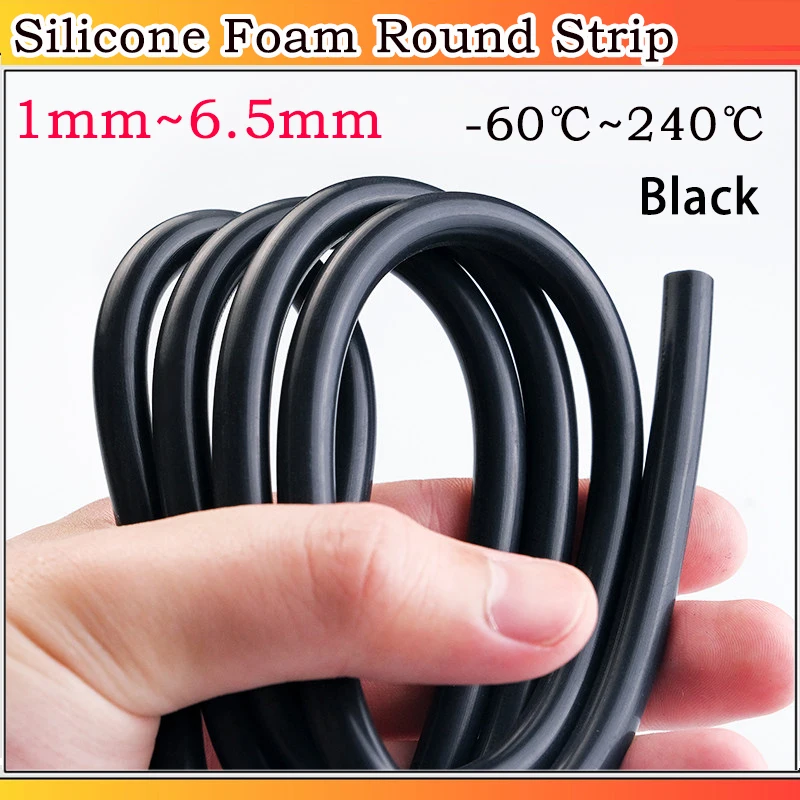 10meters 1/1.2/1.5/1.8/2/2.2/2.5/2.7/2.8/3/3.2~6.5mm Black Silicone Foam Round Strip High-temperature Resistant Sealing Strip