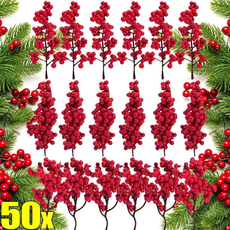 1-50Pcs Artificial Berries Christmas Decoration Red Berry Branches Multi-head Berries Stems Bouquet DIY Xmas Tree Wreath Decor