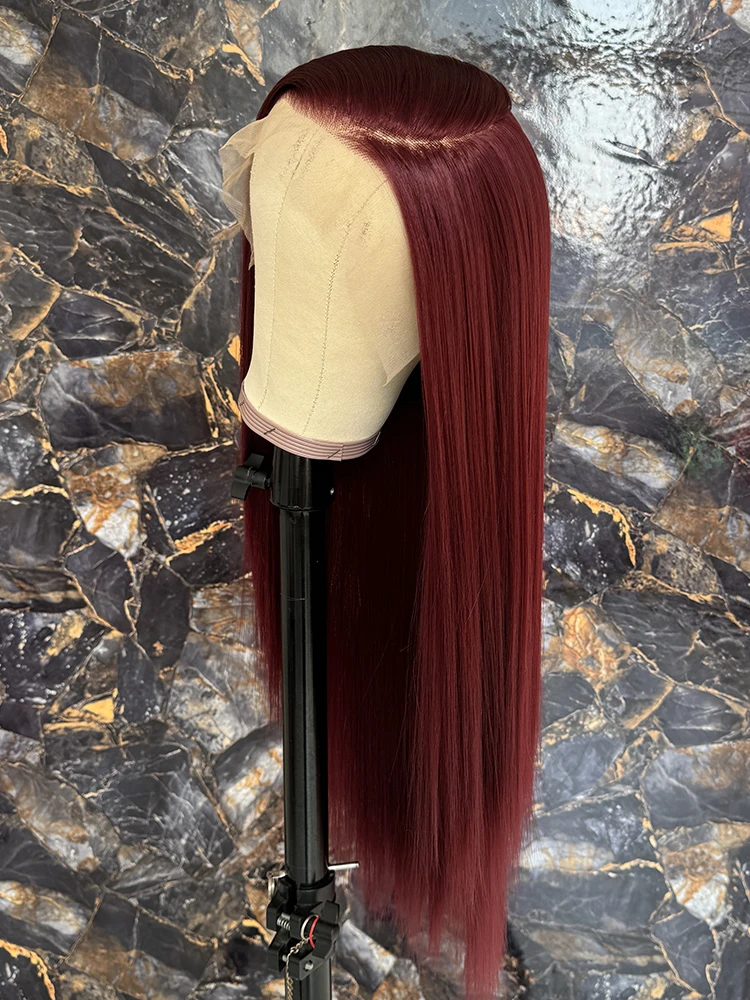 Borgonha reta Lace Front perucas, resistente ao calor, sintético, pré arrancado, parte livre frontal perucas, 13*6
