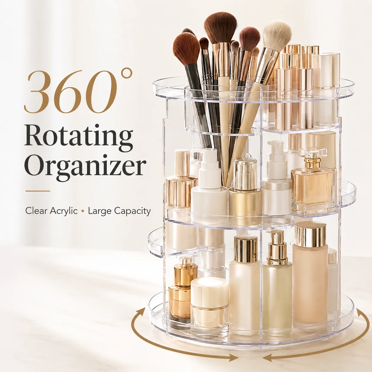 360 °   Organisateur de maquillage rotatif en acrylique, support de rangement cosmétique grande capacité, présentoir multi-niveaux tournant pour soins de la peau et parfums