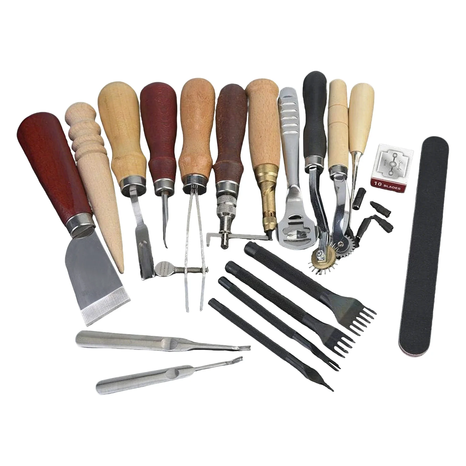 Leather Tools, 19 Pcs Leather Craft Kit for Sewing Punching Cutting, Stainless Steel Blades with Solid Wood Handle, Edge Trimmer Groover Hole Punch, Beginner to Professional Leather Working Set