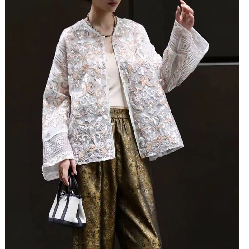 

High End Spring New O-Neck Silk Organza Fabric Exquisite Embroidery Chinese Button Fashion Women's Jacket S-XL