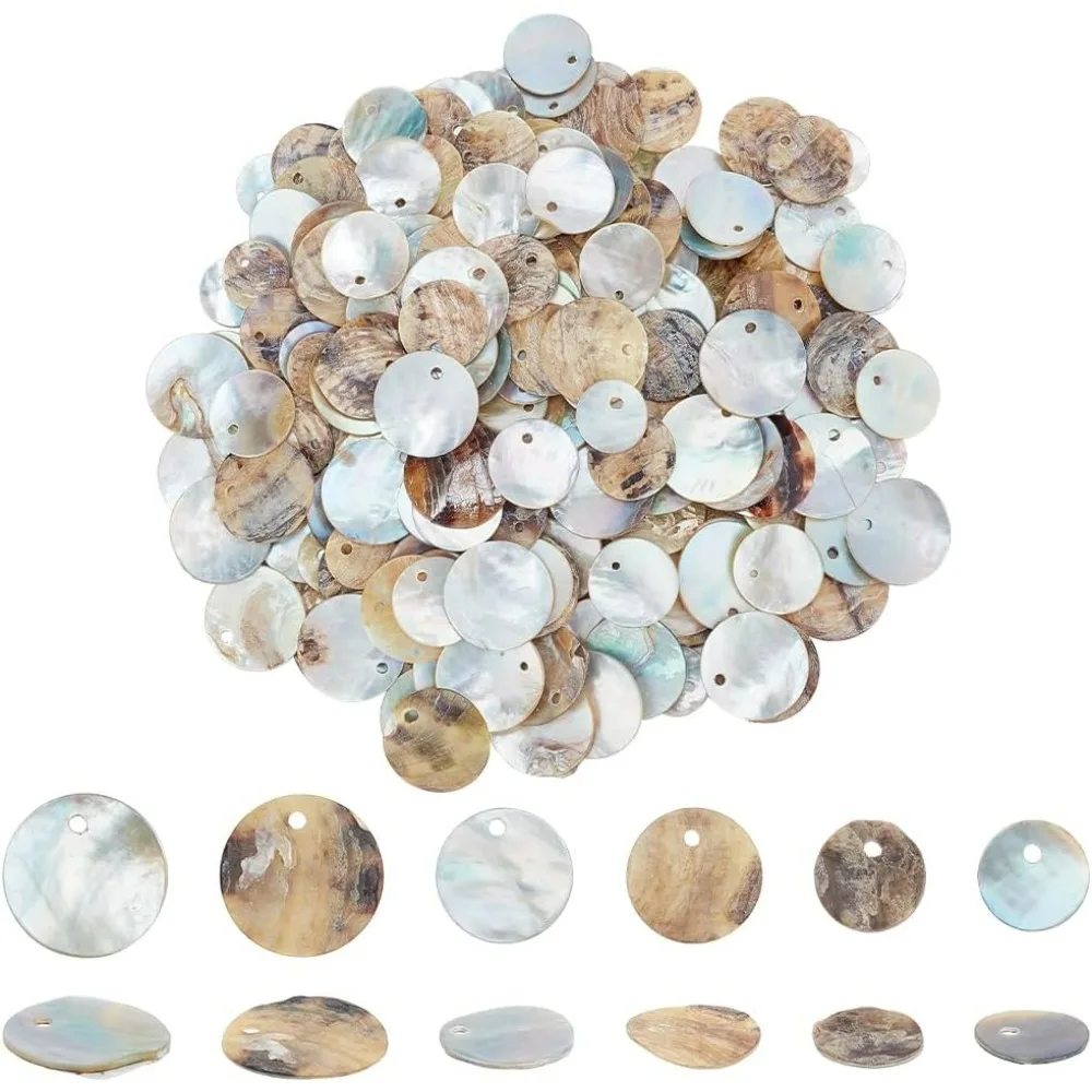 240 Pieces 3 Styles 10/12/15mm Natural Shell Beads, Flat Round Mother of Pearl Beads, Shell Beads, Shell Coin Charms Beads