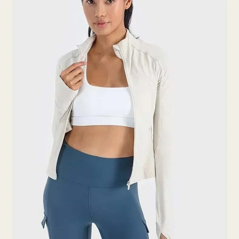 

Lemon Women Ribbed Cropped Define Stand Neck Jacket Lightweight Breathable High Elastic Fitness Yoga Coat Tight utdoor Sport Top