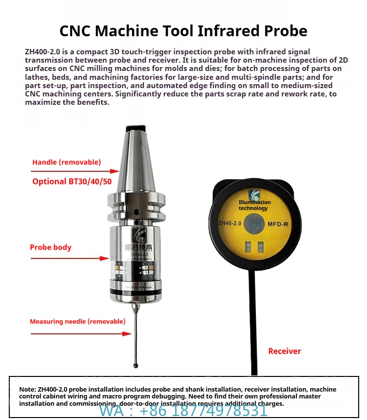 with Wireless Receiver and Tool Holder for CNC Machining Centers Makinopc ZH400-2.0 Infrared CNC Optical Probe 2D Edge Finder