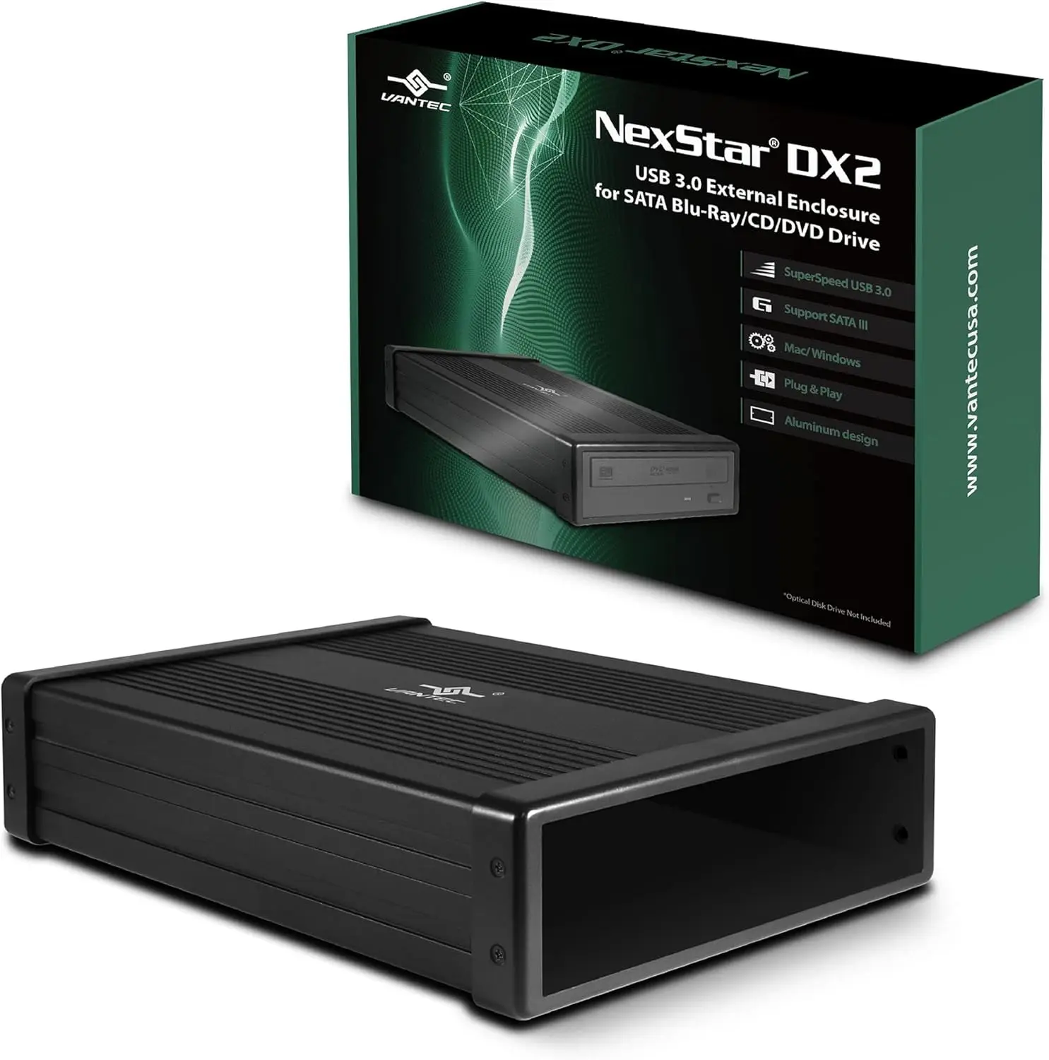

USB 3.0 External Enclosure for 5.25" Blu-Ray/CD/DVD SATA Drive, Aluminum Alloy, Hot Swappable, TAA Compliant, Fits Any Depth