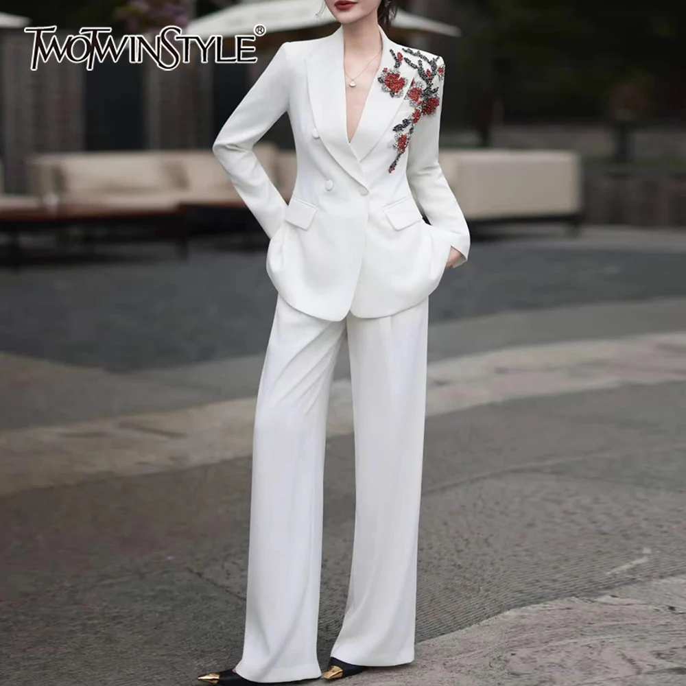 

TWOTWINSTYLE Solid Spliced Diamonds Two Piece Set Female Lapel Long Sleeve Jacket Office Lady Women's Trousers Set Fashion New