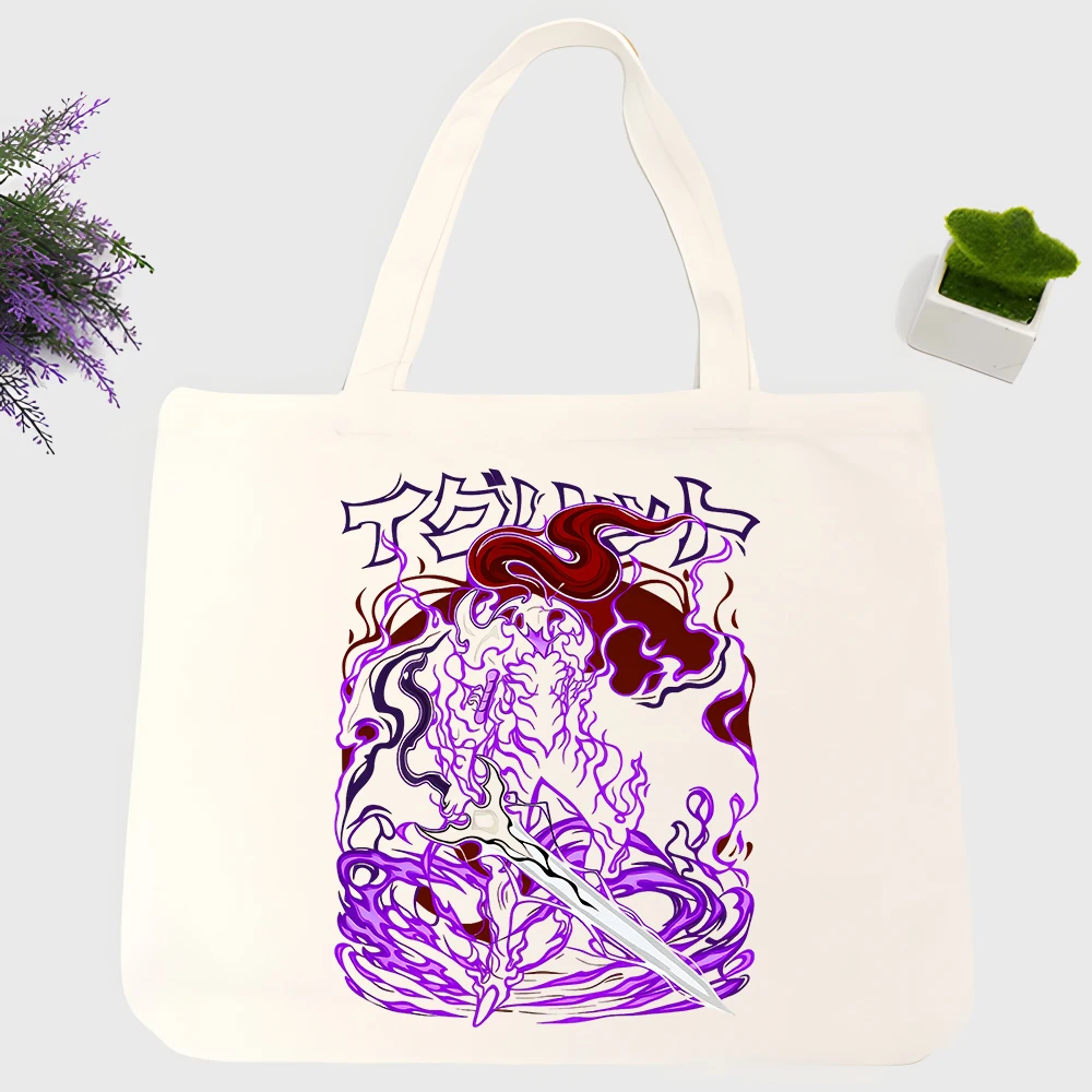 Men's fantasy creature print canvas tote bag with typography graphic, urban style for daily shopping and casual outings