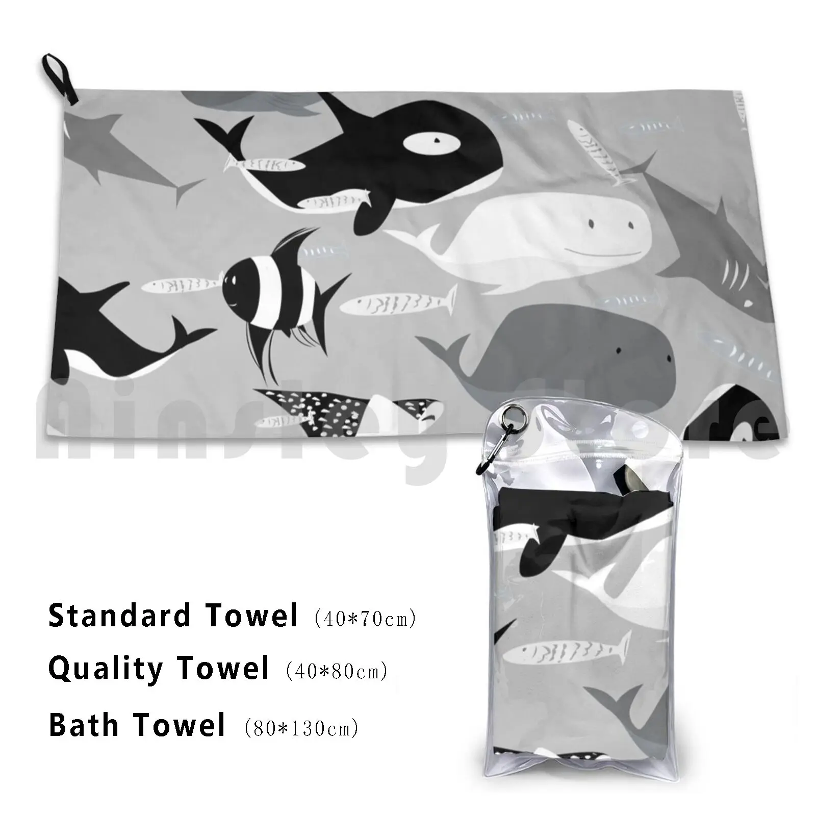 Ocean Creatures Custom Towel Bath Towel Ocean Sea Whale Killer Whale Stingray Shark Fish Blue Grey Animals