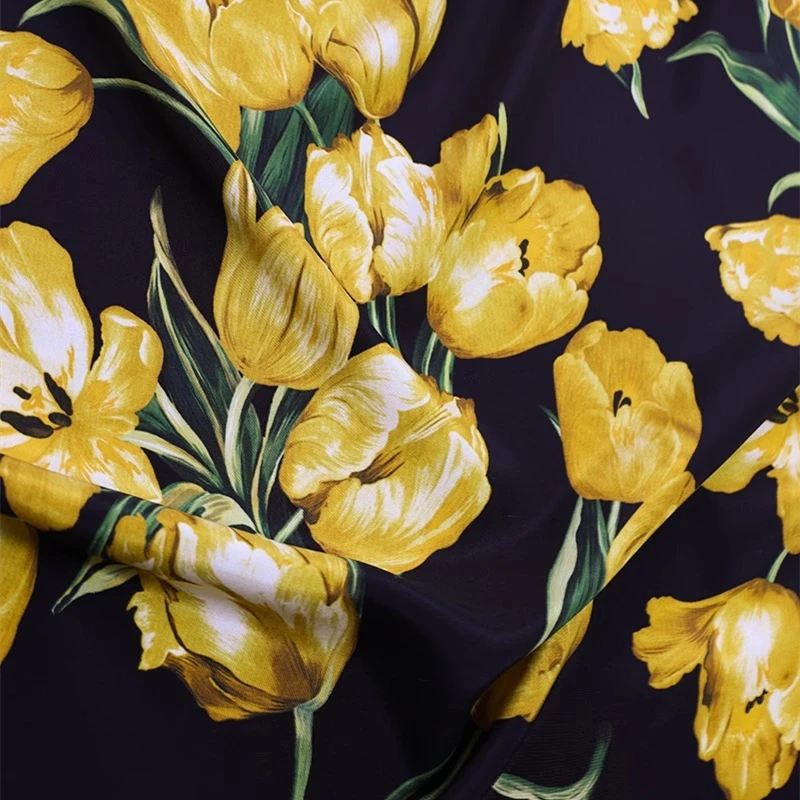 Summer 30mm Heavy Crepe Black Background Yellow Line Drawing Tulip Shirt Dress Fashion Fabric Luxury Brand Mulberry Silk Fabric