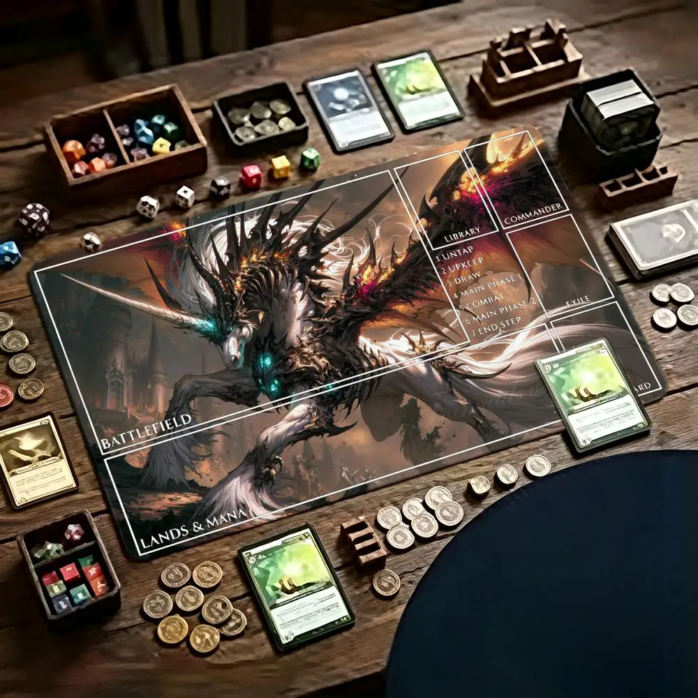 Dark Winged Demon Unicorn TCG Playmat 35X60CM Tabletop Trading Mat Non-Slip Durable Stitched Edge Three Templates Available
