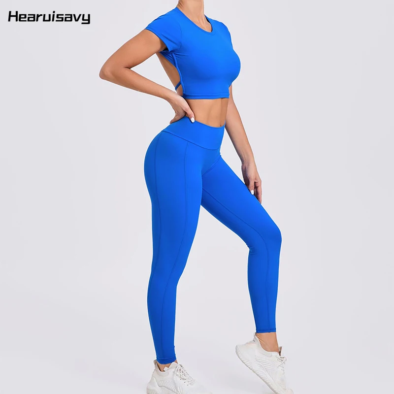 

Hearuisavy Two Pieces Set Workout Suit Women Shots Shirts Gym Set Women Leggings Tracksuit Quick-Dry Yoga Clothing Sports Suit