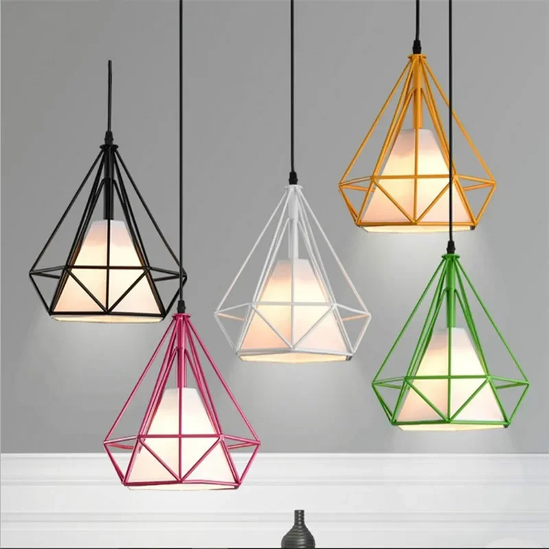 

6 Color Modern Black Birdcage Pendant Lights Iron Minimalist Scandinavian Loft Pyramid Lamp Metal Cage With Led Bulb