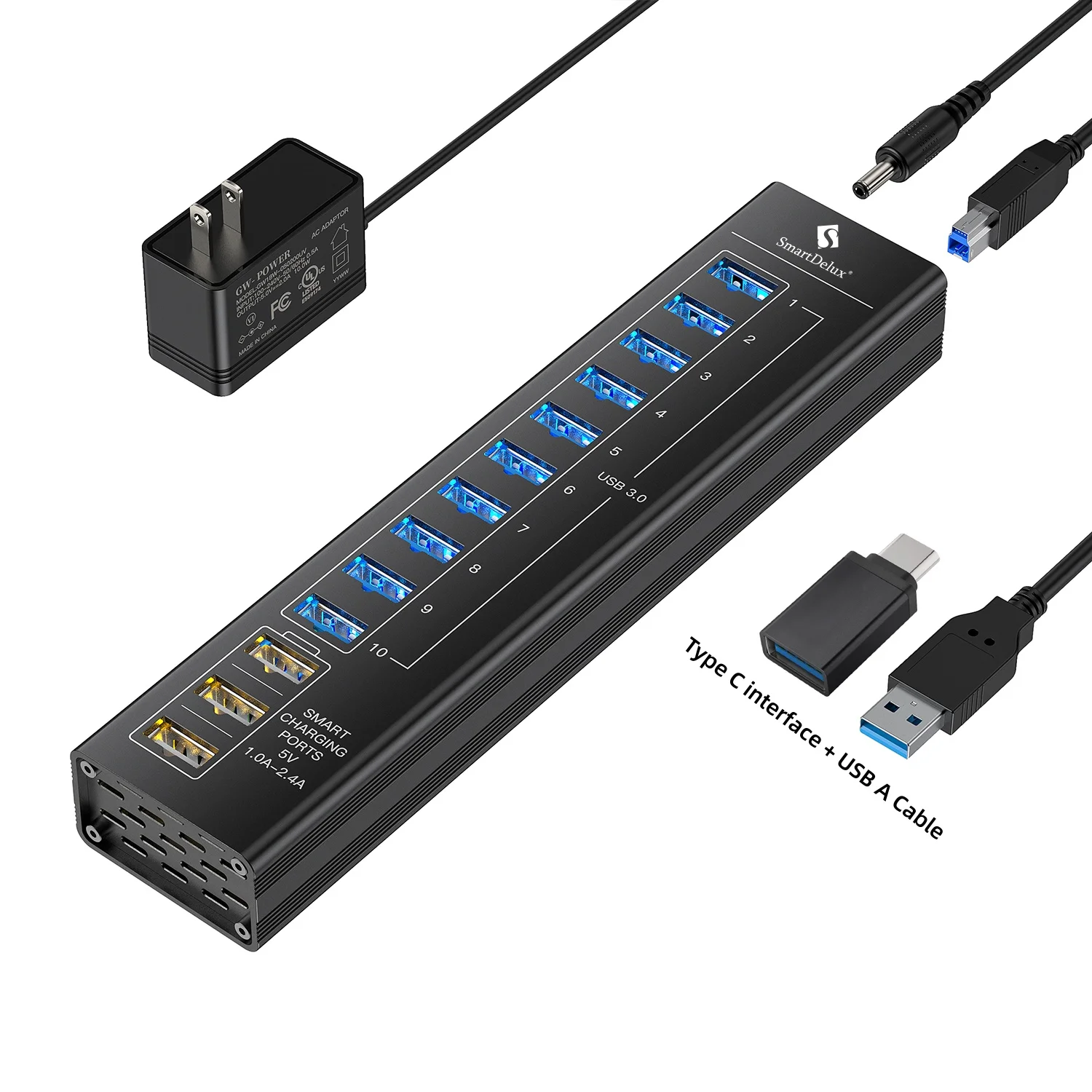 NONE 7/13 Ports USB Hub 3.0 5 Gbit/s Aluminium LED Licht USB A 3.0 Hub Splitter Verlängerung Dock 5V Netzteil für Laptop Desktop 6