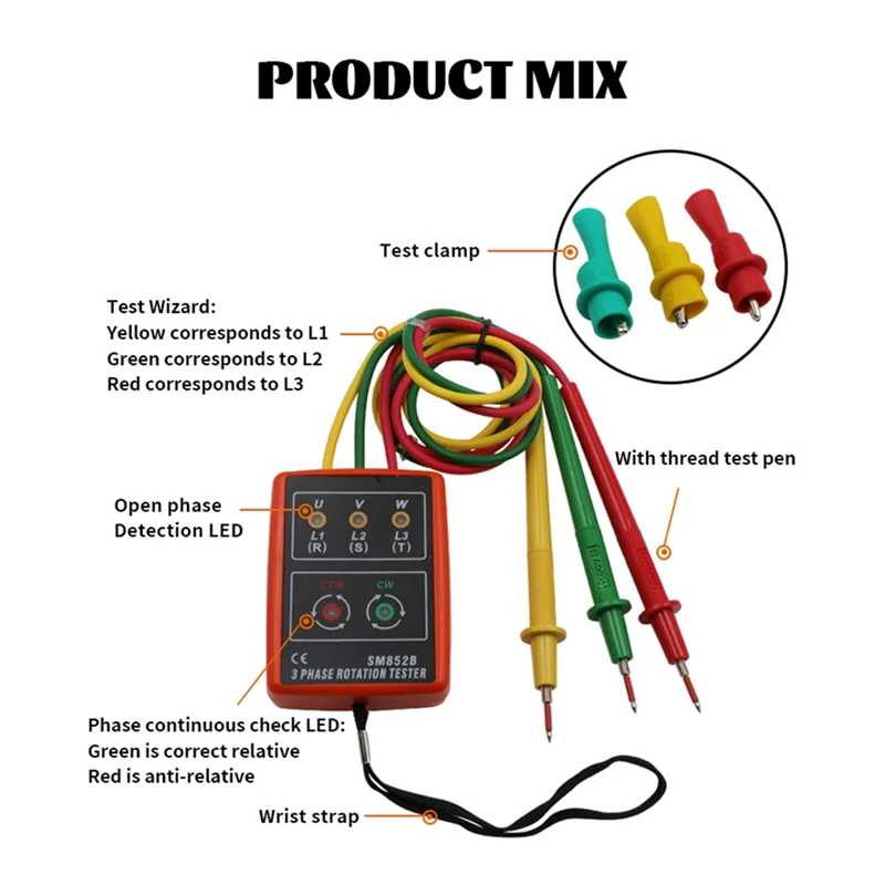 AC56-60V-600V AC Three Phase Rotation Indicator Meter Phase Sequence Tester LED Buzzer With Portable Pouch