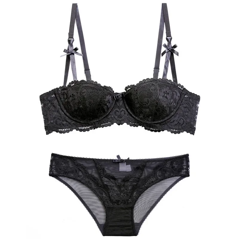 Sexy 1/2 meia xícara flor jacquard conjunto de sutiã para mulheres reunindo conjunto de sutiã estofado feminino doce lingerie renda conjunto de lingerie