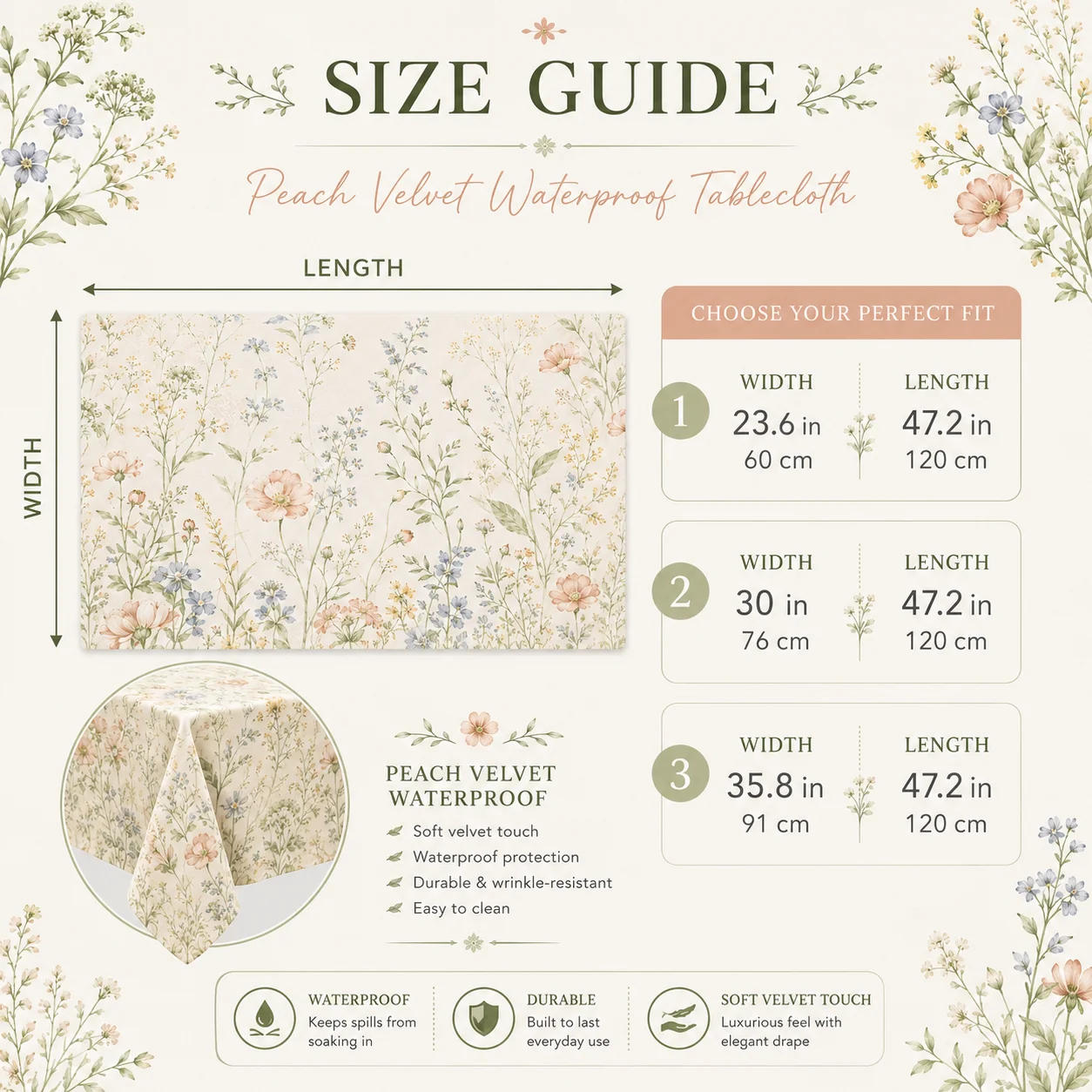 Custom Peach Velvet Waterproof Tablecloth Personalized Pattern Design Botanical Floral Table Cover for Dining Party Wedding Deco