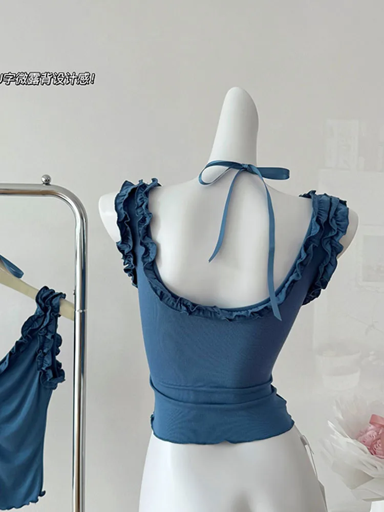 French Elegance Blue Sleeveless Camisole Women New Design Fashion Stringy Selvedge Sexy Tank Top Summer Coquette Gyaru Slim Tees