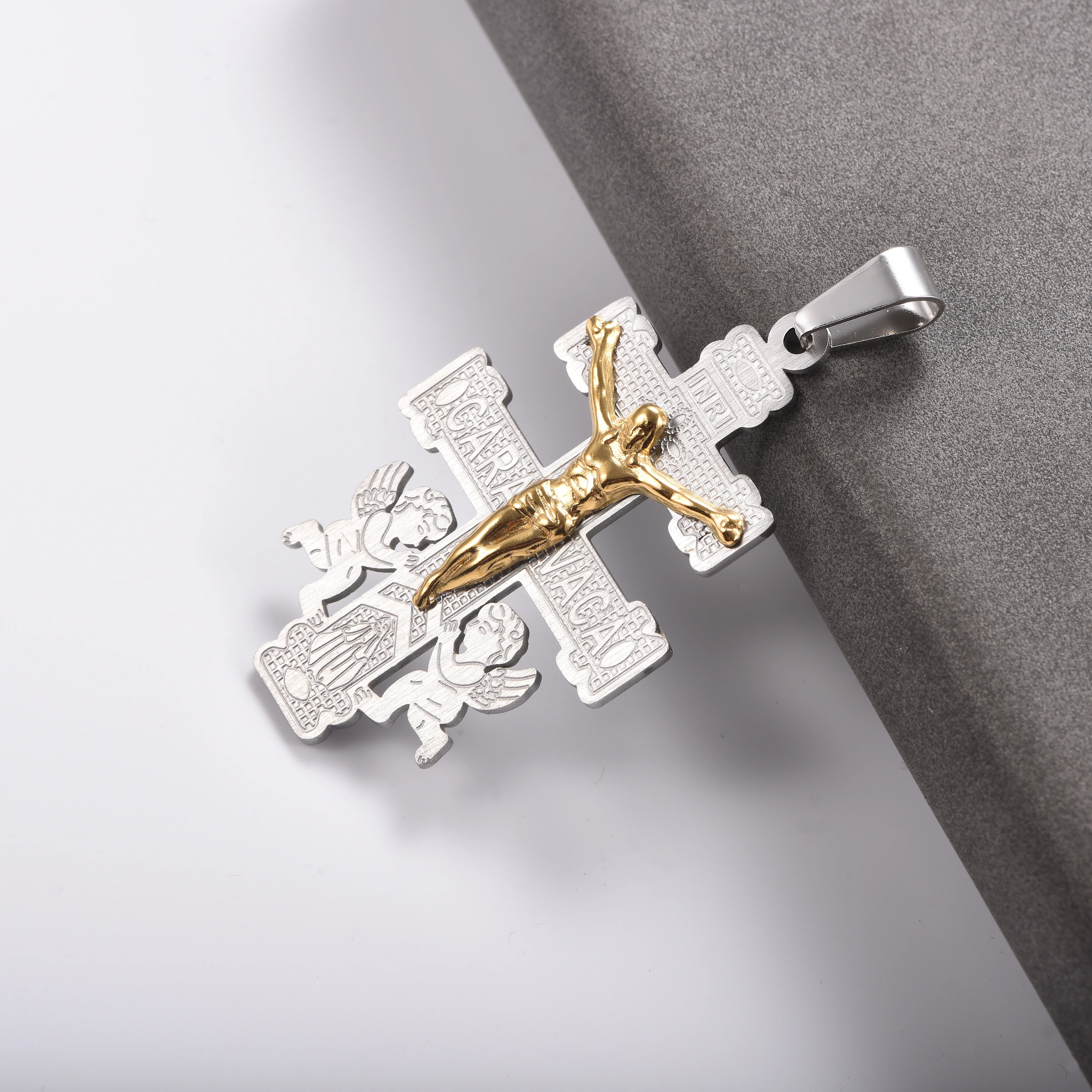 Christlich-orthodoxe Kreuzkette, vergoldeter/versilberter Edelstahl, Jesus-Kruzifix-Anhänger, Vintage religiöser Glaubensschmuck, Geschenk – Detail 2