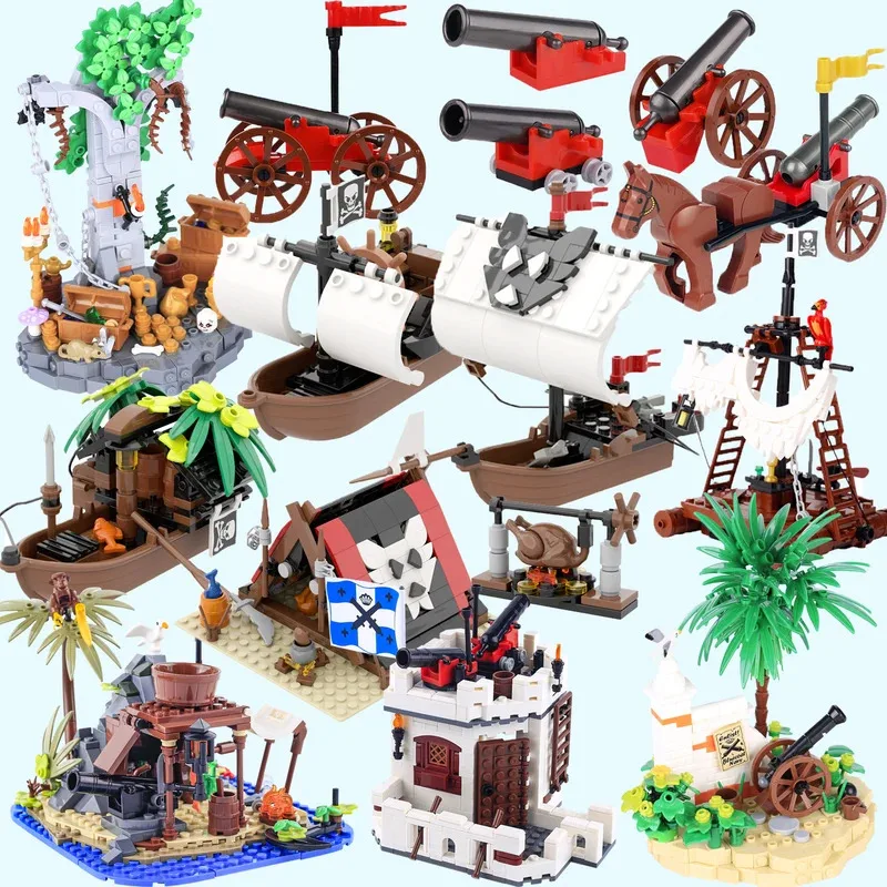 

MOC Pirate's Bay Building Blocks Creativity Medieval Sailboats Gun Carriage Weapons Soldiers Assemble Streetview Bricks Toys