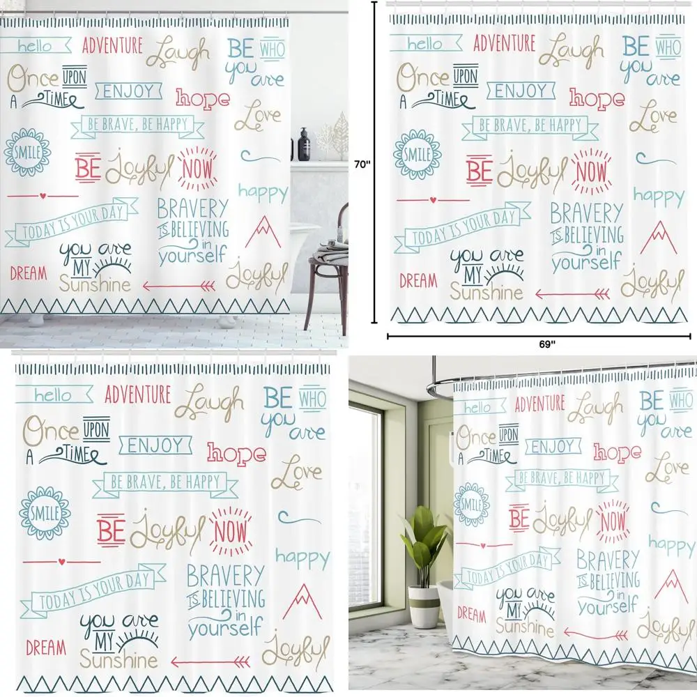 

Вдохновляющая занавеска для душа с поощряющими цитатами подлинности и радостью.