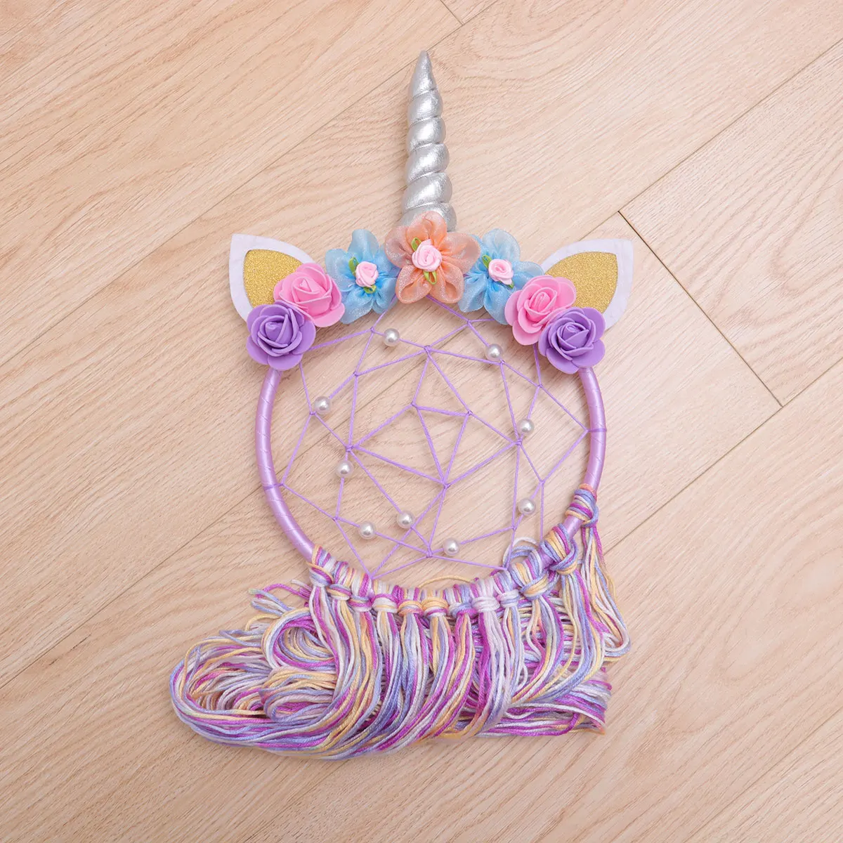 

Pearl Fake Flower Woolen Yarn Unicorn Design Dream Catcher Purple Hanging Pendant Children Room Wall Decoration Home Gift