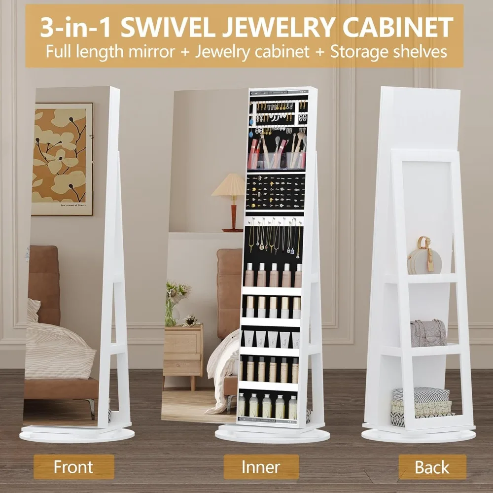 

360° Swivel Jewelry Mirror – Frameless Full-Length Design with Storage, Lockable Standing Cabinet