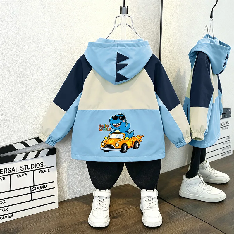 Toddler Boys Hooded Jacket New Spring Autumn Baby Kids Cartoon Dinosaur Print Hooded Windbreaker Coat Children Casual Outerwear