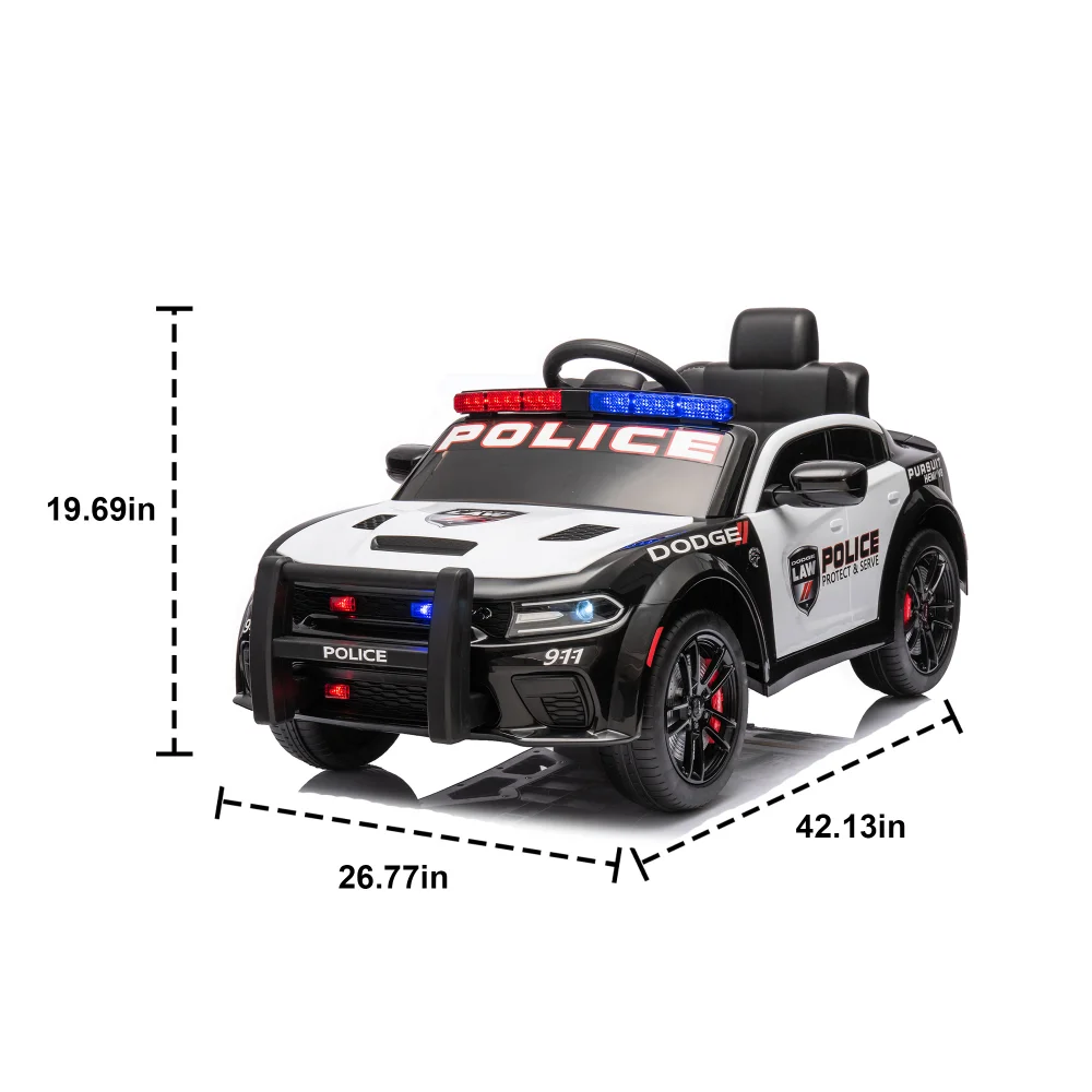 12vKids' Ride-on Police Car with Remote Control, Front and Top Siren Lights, Police Car Sticker, Megaphone Electric Car for Kids