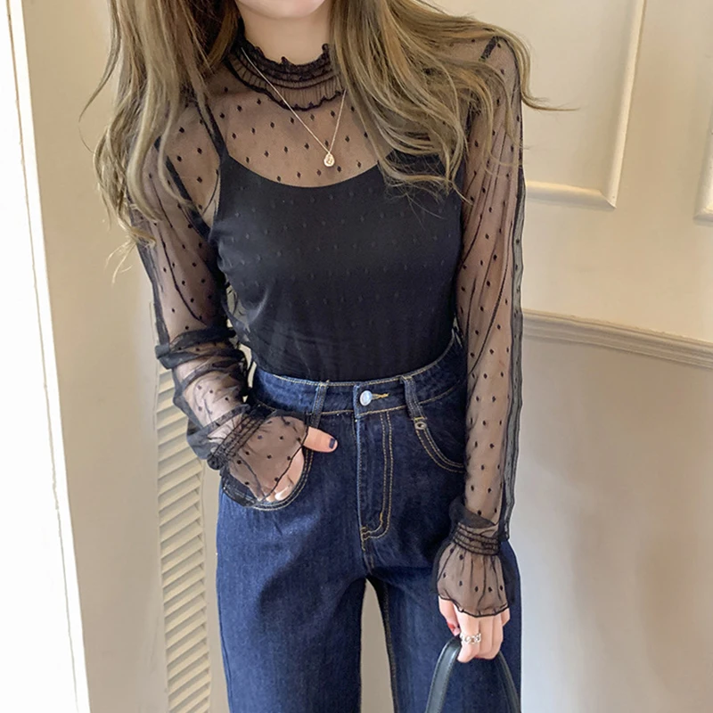 

Summer Sexy Lace Underlay Women Hollow Long Sleeve Mesh Top Shirt Spring and Autumn Fashion Ladies Body Crop Top