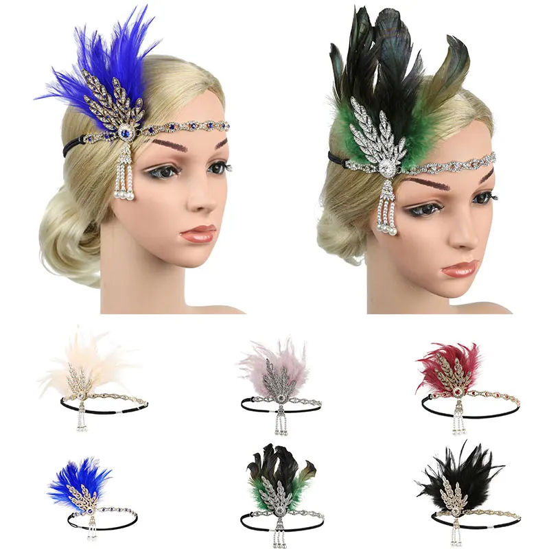 Diadema de plumas para mujer, diadema de Flapper, tocado Vintage, fiesta de disfraces, diadema de plumas de diamantes de imitación, accesorios para el cabello