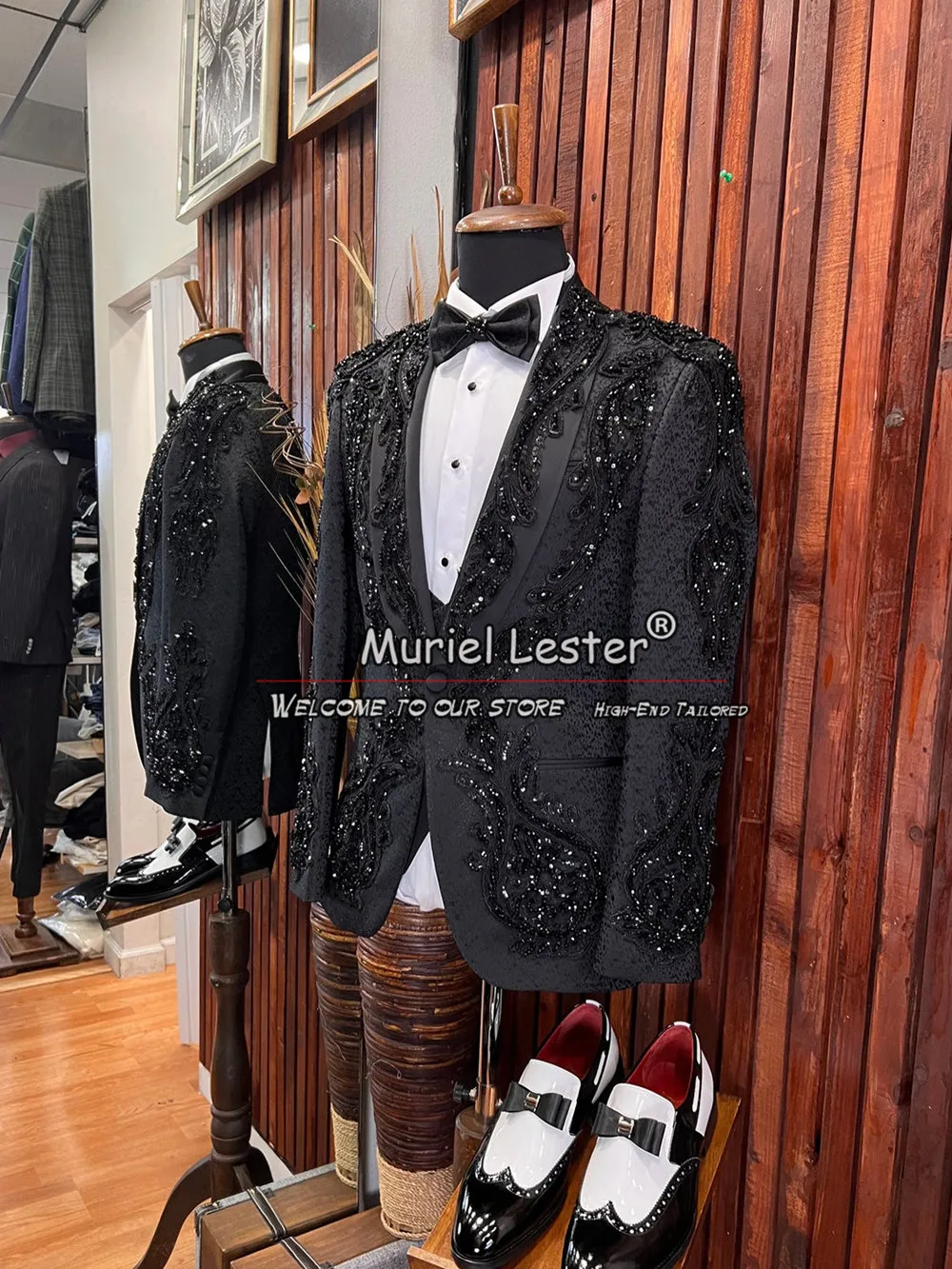 Mens Suits Slim Fit Black Hand Made Embroidered Groom Tuxedo With Stones Beaded Shawl Lapel For Weddings Special Occasions 2 Pcs